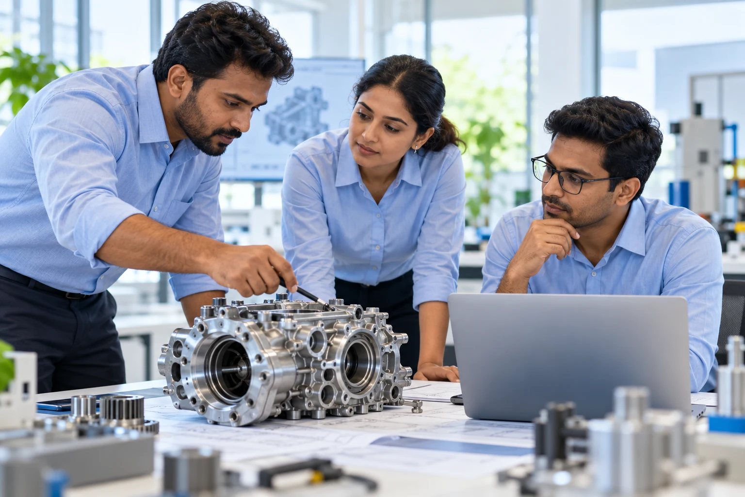 Illustrative Indian engineering professionals collaborating on an engine application