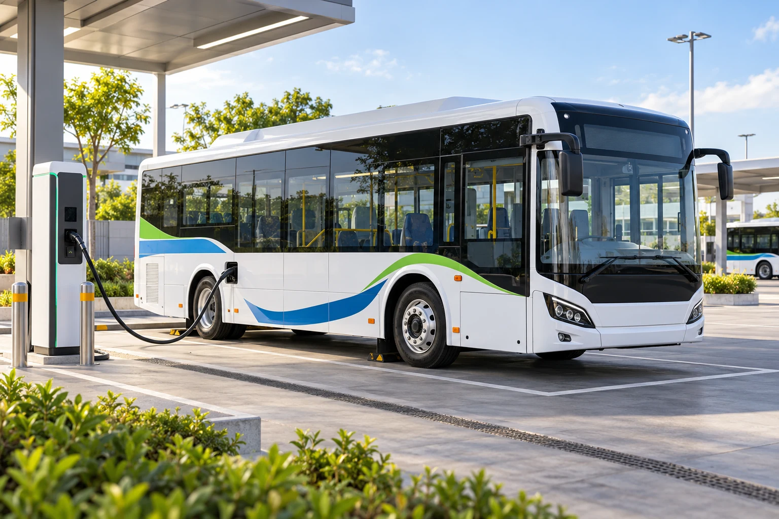 Illustrative electric city bus connected to a depot charger